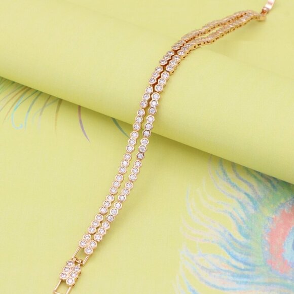 "Elegant Double Layer Rose Gold Bracelet with Hexagonal Crystals, XPBL0924 - Picture 2 of 12